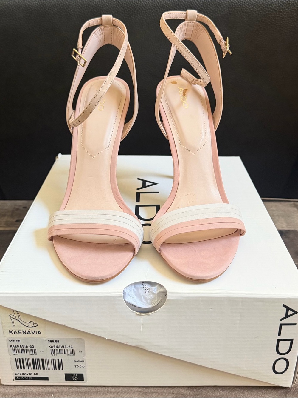 Aldo Women’s Size 10 Heels Kaenavia Pink & White Open Toe Ankle Strap Stiletto